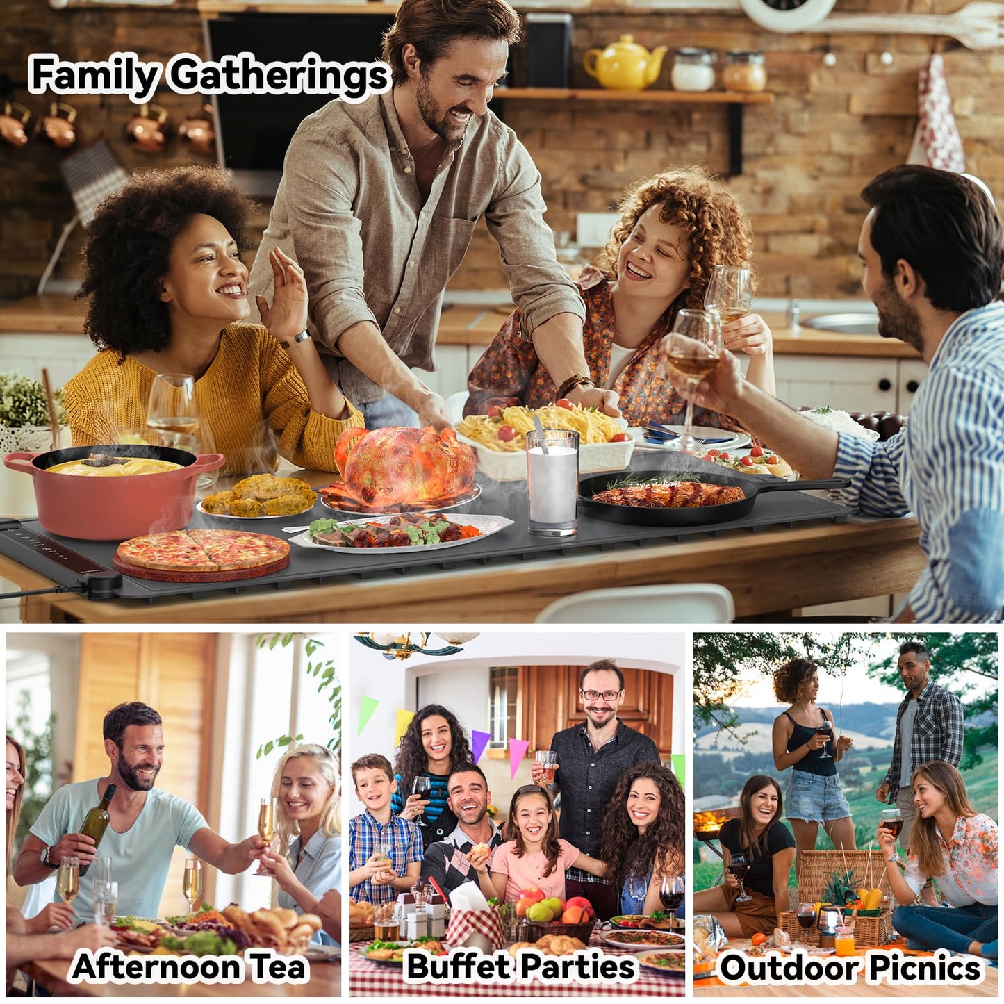 Warming Mat for Food Extra Large: 36"X16" Adjustable Silicone Food Warming Mat Heating Pad Food Warming Pad for Kitchen Counter Warming Trays for Buffets Party Hot Plates for Countertop Family Blue