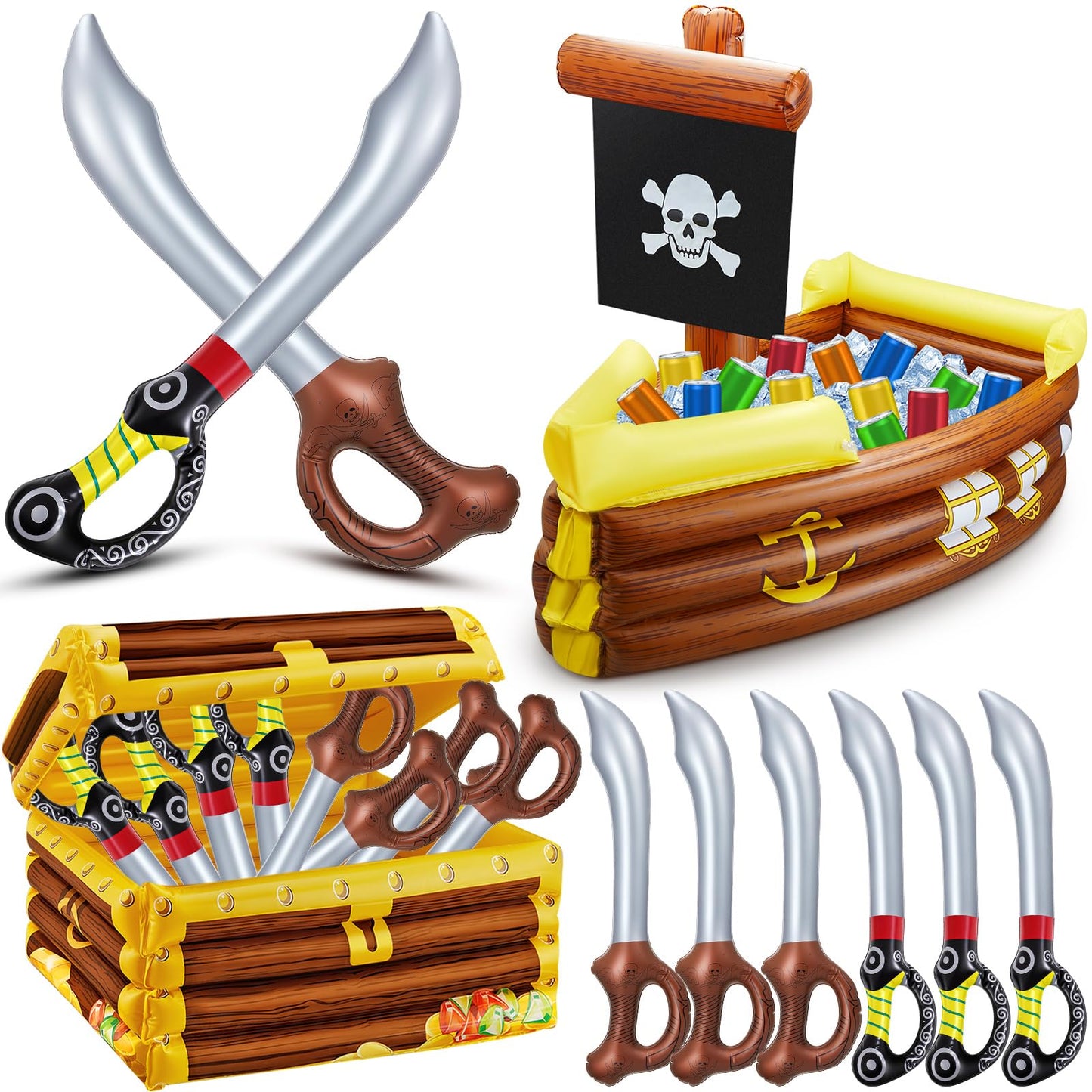 Cunhill 14 Pcs Pirate Party Set Birthday Pirate Party Decoration 1 Pc Funny Inflatable Pirate Ship Drink Cooler 1Pc Blow up Treasure Chest 12 Pcs Kid Sword for Supplies Beverage Serving Container Pool