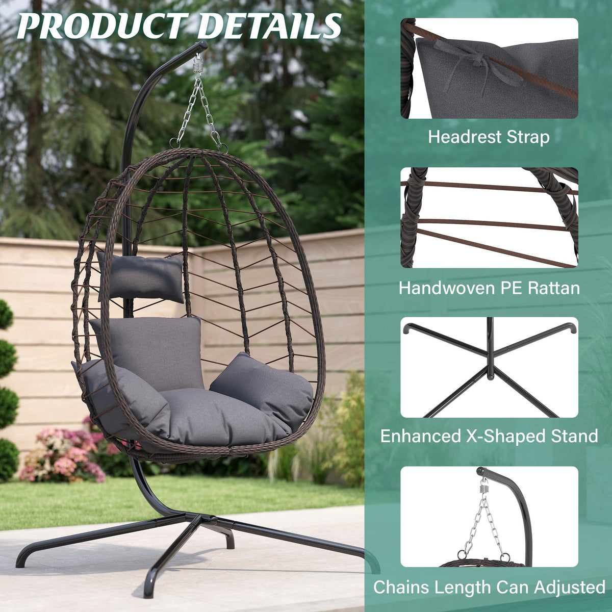 LEX CRAFT Hanging Egg Chair with Stand, Swinging Egg Chair Outdoor Indoor, Hanging Basket Chair with Cushion, Patio Wicker Hammock Chair 350lbs Capacity for Bedroom, Balcony, Backyard, Garden (Grey)