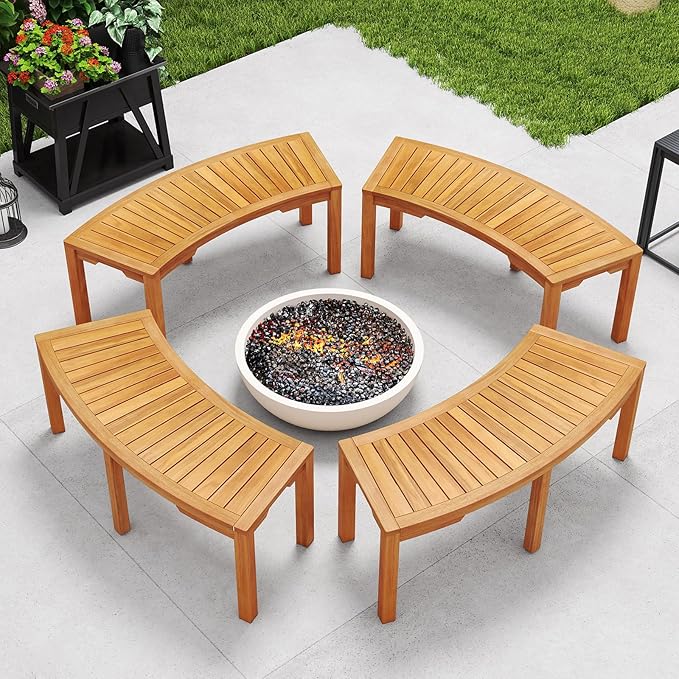 Tangkula Outdoor Curved Bench, Acacia Wood Fire Pit Bench w/Slatted Seat, Patio Backless 2-Person Seating for Porch, Yard, Garden, 800 LBS Max Load, Oil Painted (7, 45")