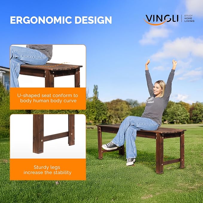 VINGLI Outdoor Wood Bench, 48" Outdoor Bench Patio Wooden Bench Garden Bench Outdoor Backless Bench for Deck Patio (Carbonized)