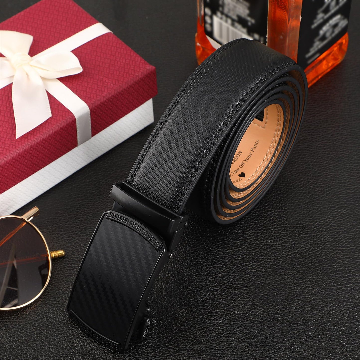 Bunnycool Mens Ratchet Belt Congrats on Being My Husband Personalized Engraved Leather Belt for Him Birthday Wedding Gift(Class Style,Black,32-38 Inch)
