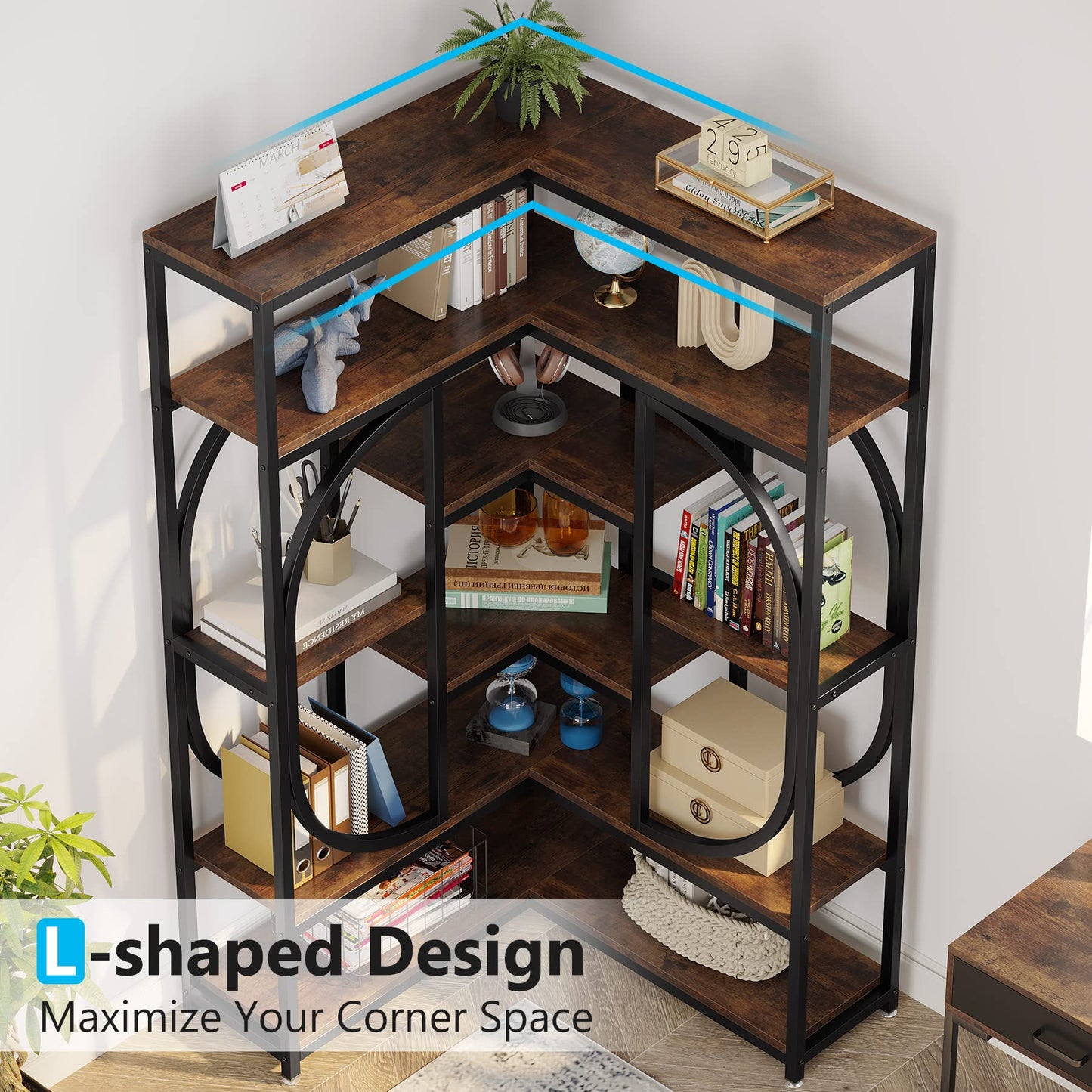 Tribesigns 7-Shelf Corner Bookshelf, Large Modern Corner Bookcase, Tall L-Shaped Corner Shelf Stand Display Rack with Storage, Metal Frame for Living Room Home Office (Rustic Brown)