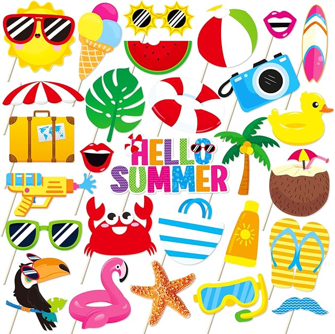 Summer Pool Beach Photo Booth Props 30 Pack Pool, Hawaiian, Beach, Luau Photo Booth Props, Tropical Themed Party with Stic...