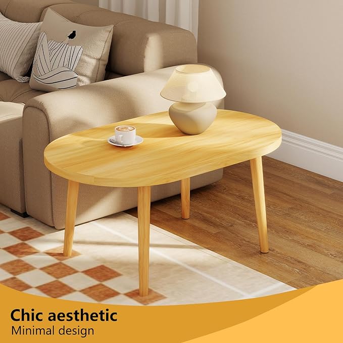 Funecy Coffee Table Low Table with Solid Wood Sturdy Legs, Floor Table Desk for Sitting on The Floor, Storage and Living Room Furniture (Natural-Oval)