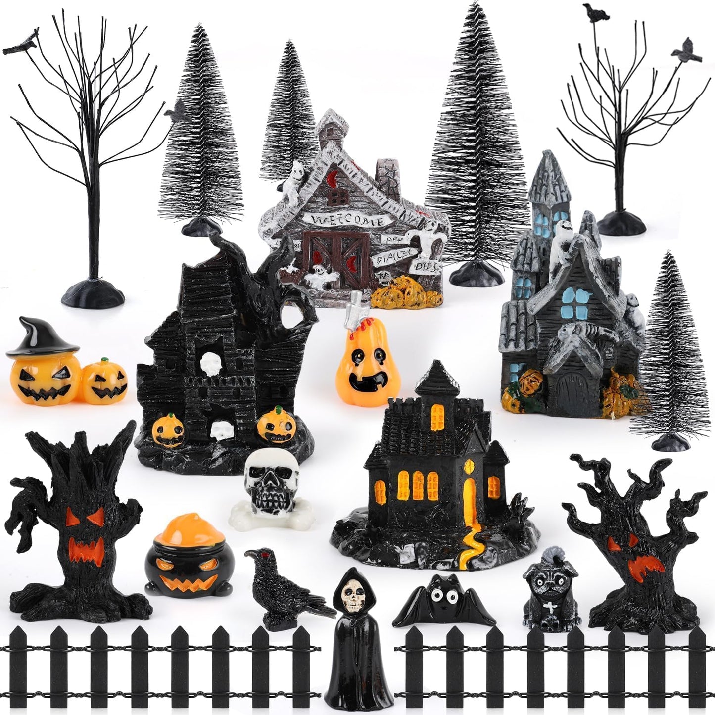 YLOLUL 30 Pcs Halloween Village Ornaments Accessories Figurines Town Miniatures Include Trees Pumpkins Black Dog Crows Skeletons Houses Wizard Bat for Halloween Village & Party Table Decorations