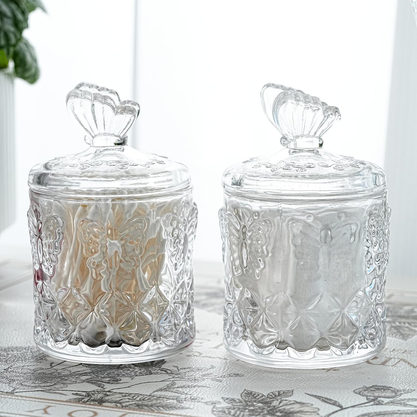 kanpura Qtip Holder Glass Apothecary Jars with Lid for Bathroom Decor Makeup Storage Canister for Cotton Swabs, Balls, Pads, Floss Picks, Candy, Jewelry, 7 OZ, 2 Pack, Clear
