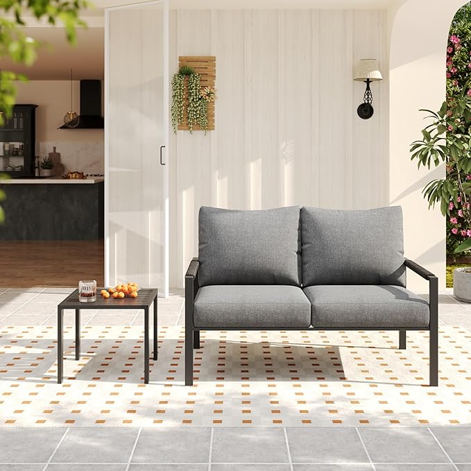 PATIOCHIC 2 Pieces Rattan Outdoor Furniture Set, All-Weather Patio Loveseat with Dark Grey Cushions and Coffee Table for Garden, Backyard, Balcony, Poolside