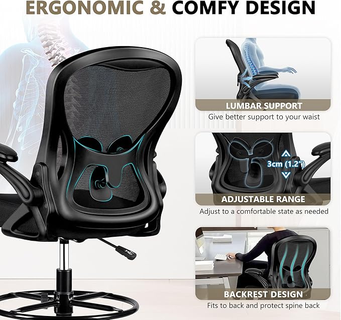 Winrise Drafting Chair, Tall Office Chair Ergonomic Standing Desk Chair, Lumbar Support Computer Chair Swivel Task Rolling Chair with Adjustable Flip-up Armrests Black Pack of 6