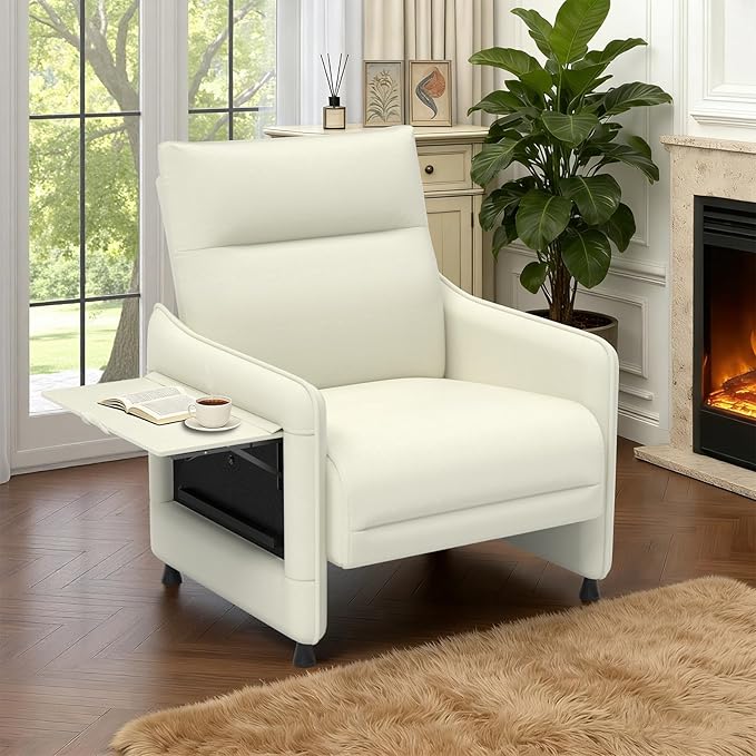 Tbillionnext Upholstered Accent Sofa, Modern Faux Leather Sofa Chair with Hidden Foldable Tray & Side Pocket, Rear Contour Arm Design, Small Accent Sofa for Bedroom, Beige