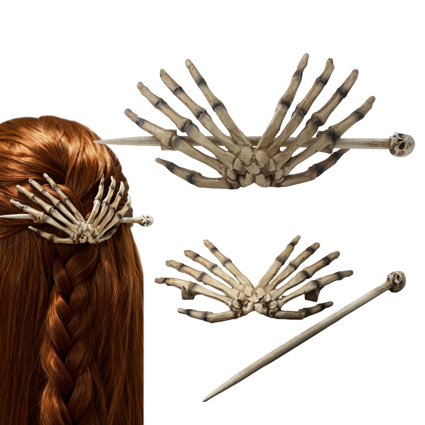 Skeleton Hand Hair Stick with Skull, Gothic Bone Hair Slide Barrette for Women, Halloween Cosplay Costume Hairpin, Faux Bone Res