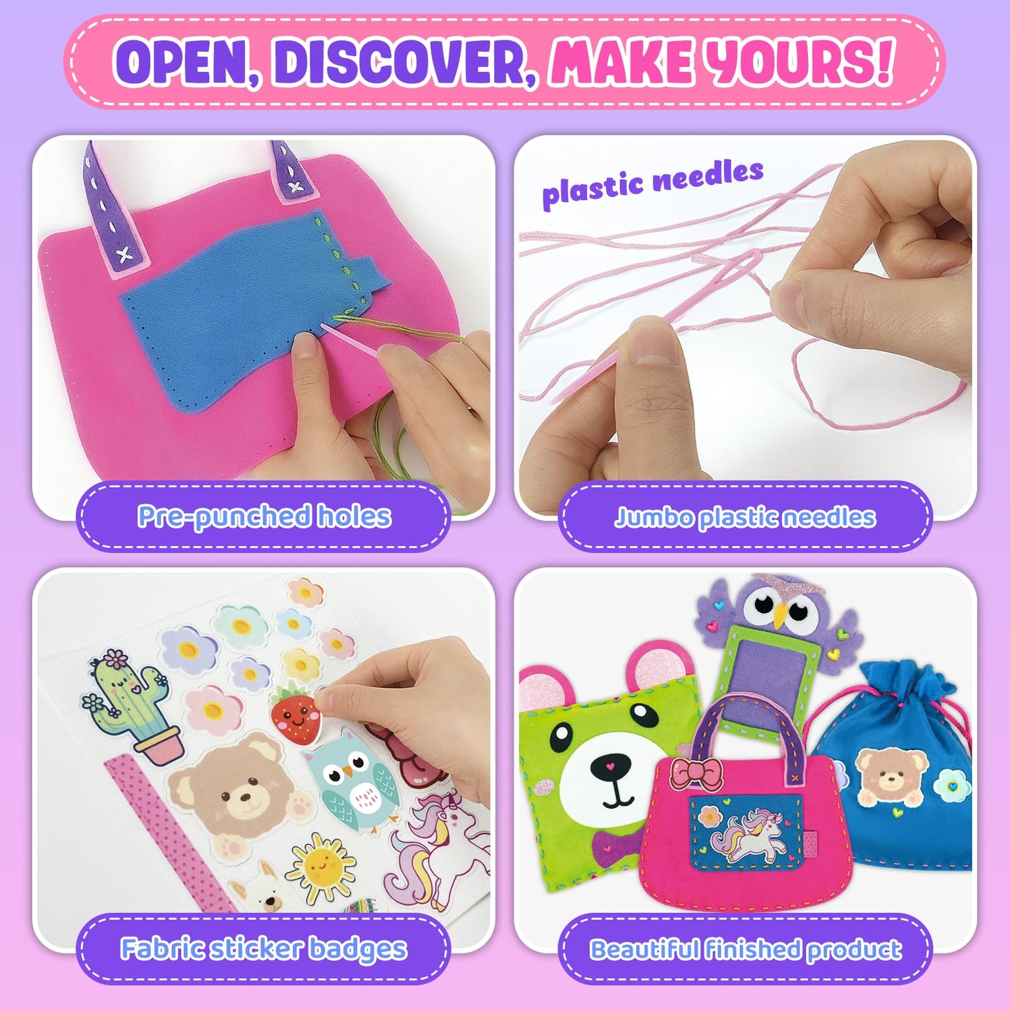 Sewing Kit for Beginner Kids, 10Pcs Unicorn Bear DIY Arts and Crafts Box, Felt Art Projects, Blind Box Craft Supplies, Learn to Sew Embroidery Kit, Birthday Gift for Girls 3 4 5 6 7 8 Years Old