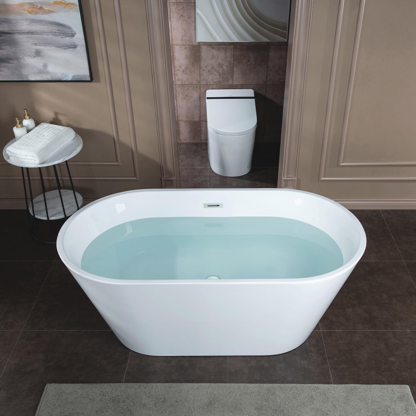 WOODBRIDGE 59" Acrylic Freestanding Bathtub Contemporary Soaking White Tub with Chrome Overflow and Drain