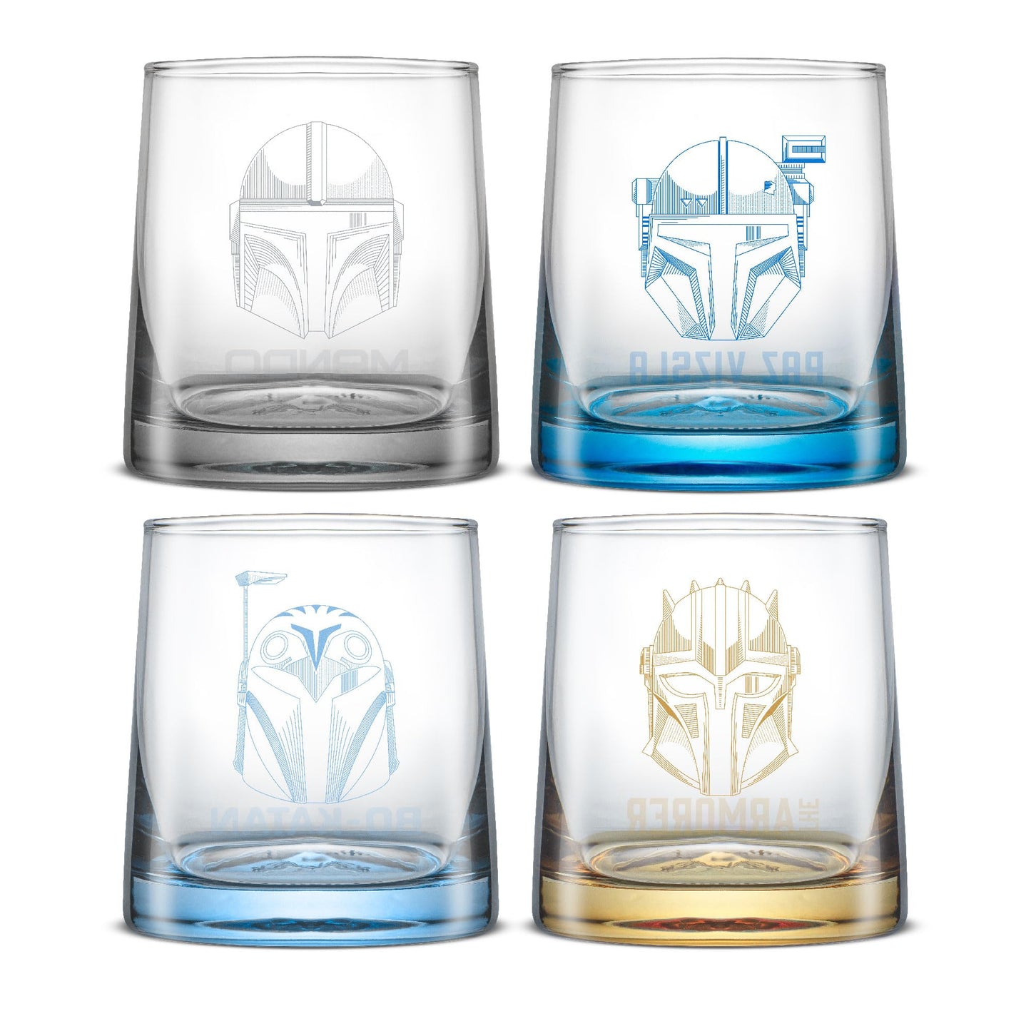 JoyJolt Star Wars The Mandalorians Short Drinking Glasses Set of 4, 10 oz Lowball Glasses ft Mandalorian Helmet Designs, Coffee and Water Tumbler Cups, Star Wars Gifts for Men, Women, and Adults