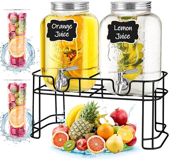 ACDRIME Drink Dispenser & Glass Water Dispenser, 2 Pack 1 Gallon Beverage Dispenser with Stand,with Ice Core,Stainless Ste...