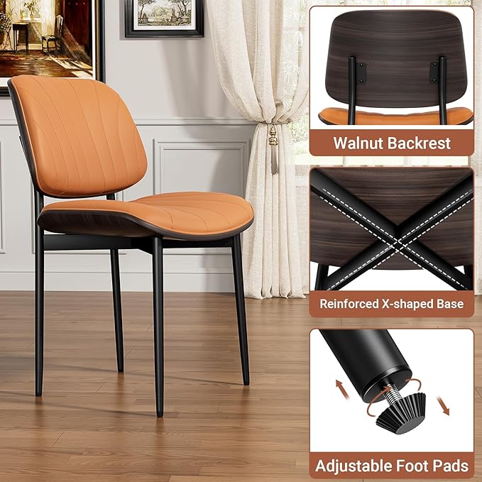 YaFiti Dining Chairs Set of 6, Mid Century Modern Dining Room and Kitchen Chairs, Upholstered PU Leather Chairs with Walnut Bentwood and Metal Legs, Orange