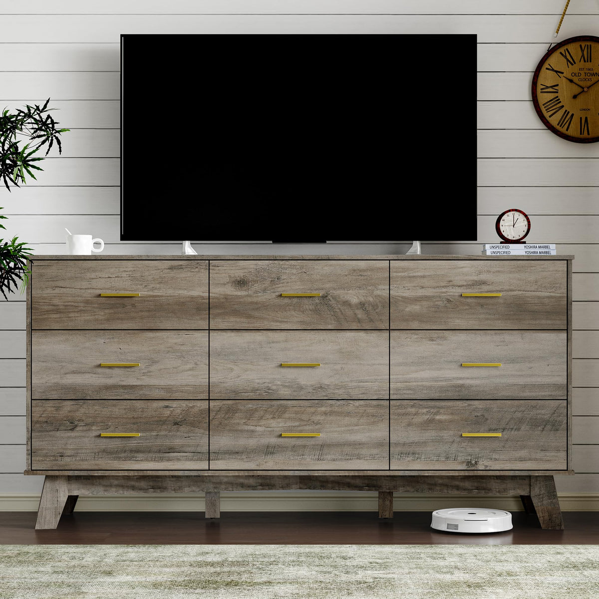 BORNOON Dresser for Bedroom with 9-Drawer, 59" Wide Modern Chest of Drawers with Metal Handles, X-Shape Base & Adjustable Center Leg, Anti-Tip Closet Organizers and Storage