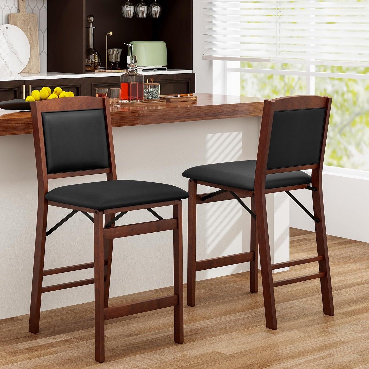 Giantex Folding Counter Height Bar Stools Set of 2, 24.5" Farmhouse Barstools w/Padded Back & Seat, Footrest, Rubber Wood Legs, No Assembly Needed, Upholstered Bar Dining Chairs for Kitchen Island