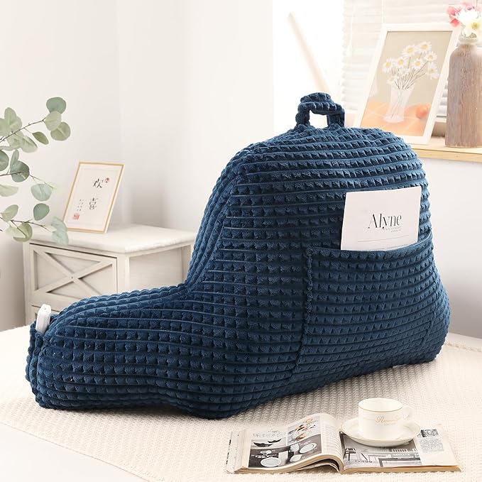 PAJEO Reading Pillow for Sitting in Bed, Large Backrest Reading Pillow with Arm Rest,Back-Rest Support Cushion for Sit Up on Couch, Sofa, and Floor(Dark Blue Flannel, Large(19"))