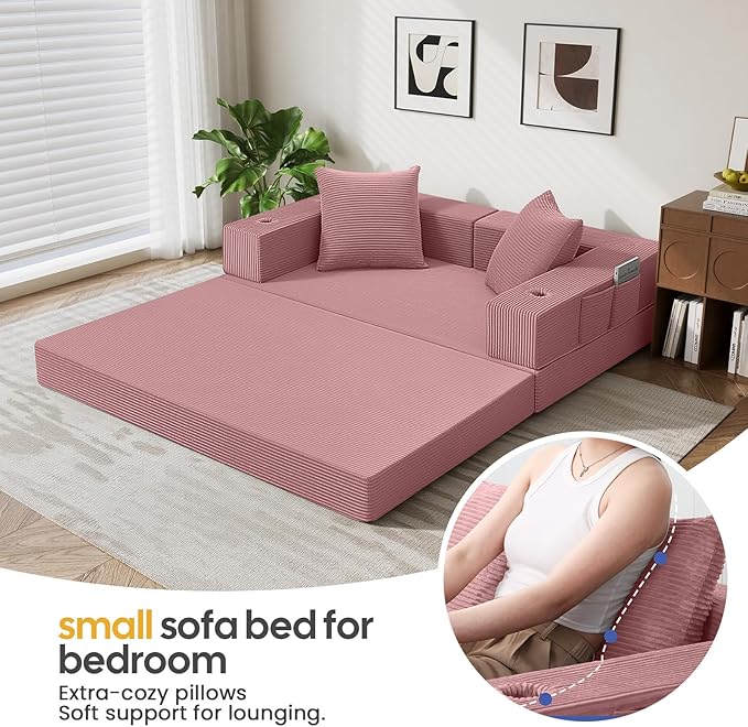 COMAX Futon Sofa Bed, 4‑in‑1 Convertible Sofa Bed, Folding Boneless Couches for Living Room, Fold Out Small Foldable Loveseat Floor Sleeper Comfy Mattress Lounge Space‑Saving, Pink