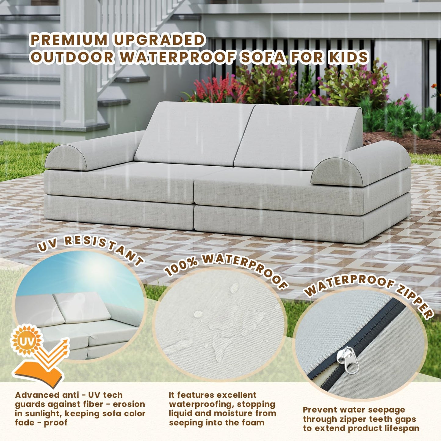 jela Kids Couch, Waterproof Kids Modular Sofa for Outdoor & Indoor, UV Resistant Child Sectional Sofa, Foam Play Couch Playhouse Play Set for Children Adults(Sand Beige)