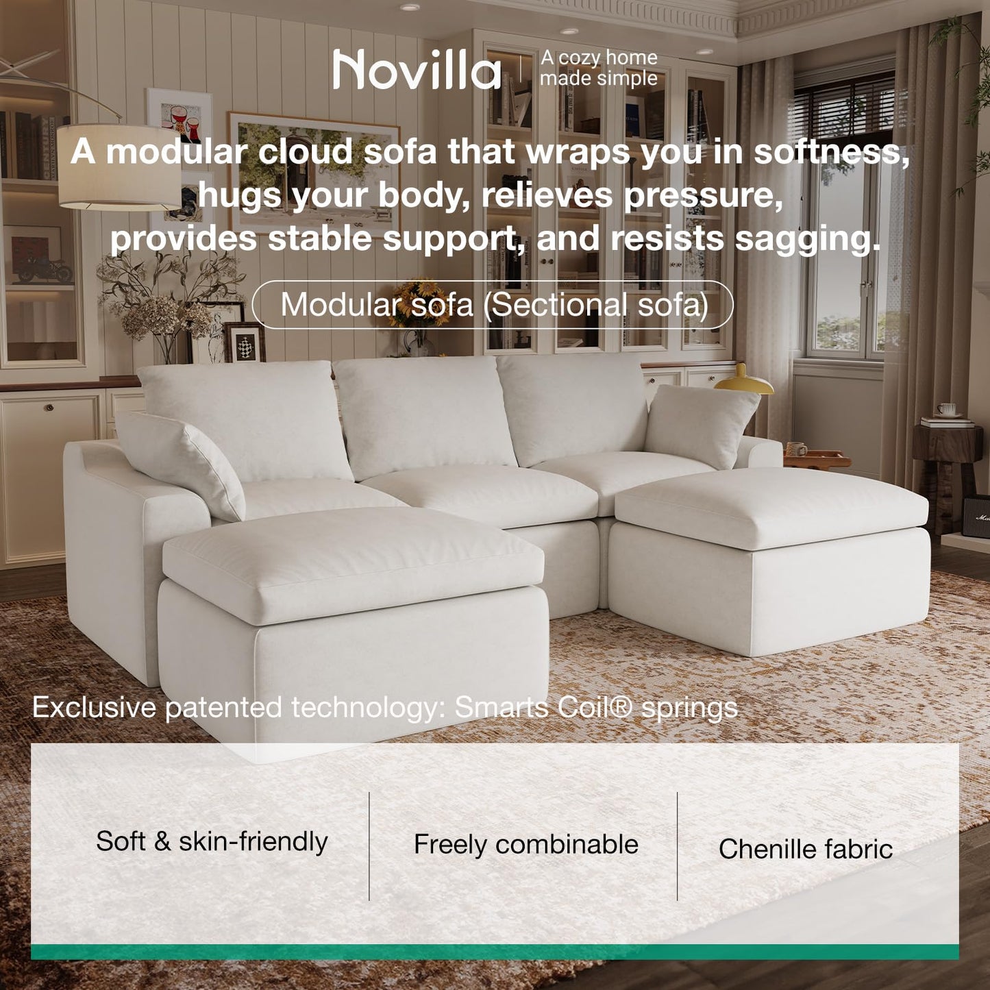 Novilla 133.8" Modular Cloud Couch, Modern Sectional Sofa with Smarts Coil® Support, Chenille Fabric, Upholstered Couch for Living Room Apartments Bedroom, No Assembly, 4 Seater + 2 Ottoman, White