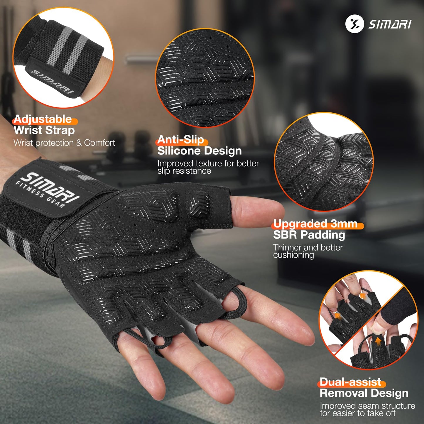 SIMARI Wrist Support Workout Gloves for Men & Women, Weight Lifting Gloves with Padded, Grip, Full Palm Protection, Gift for Gym Exercise, Cycling, Weightlifting Training, Fitness, Black Gray, Size XS