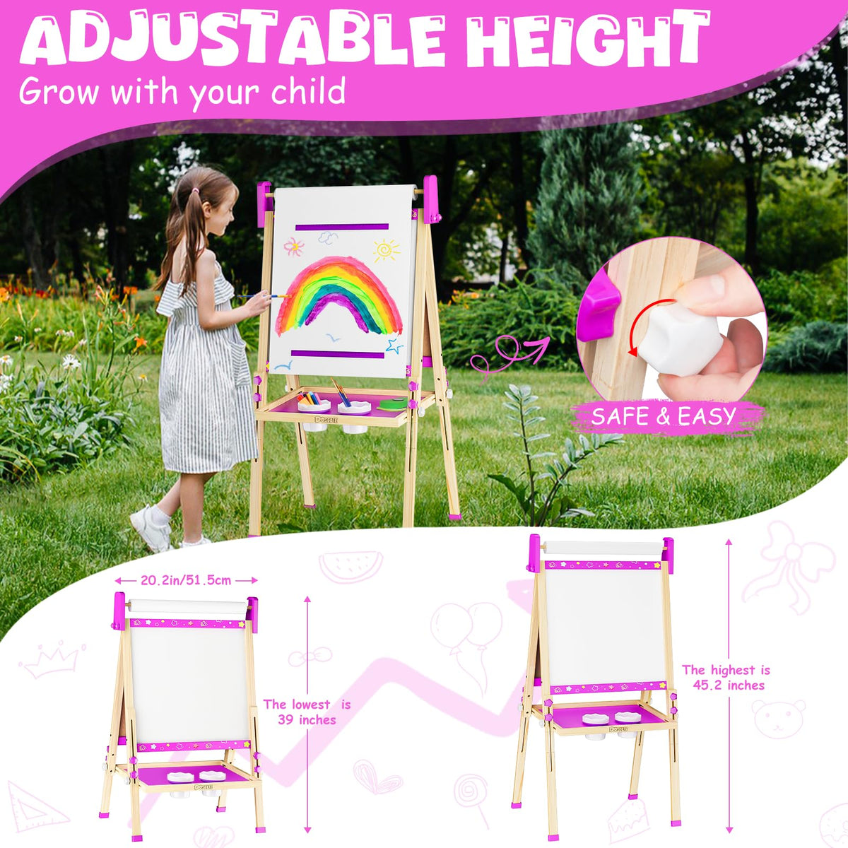 Easel for Kids Toys,Toddler Art Easel with Art Supplies, Height Adjustable Double-Sided Magnetic Dry Eraser Whiteboard and Chalk Board with Paper Roll,2 3 4 5 6 7 8 9 10 Year Old Girl Birthday Gifts