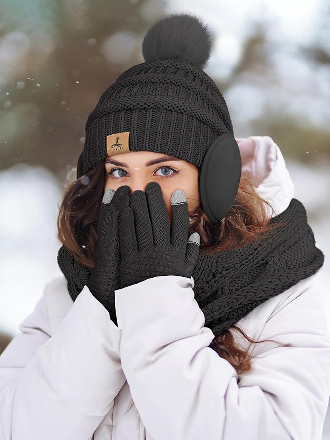 Winter Hat Scarf Gloves and Ear Warmer, Warm Knit Beanie Hat Touch Screen Gloves Set Winter Gifts Neck Scarves for Women