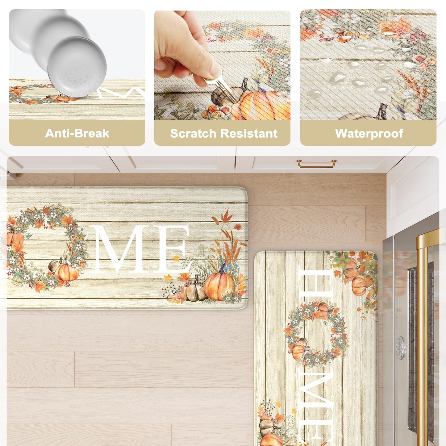 KIMODE Fall Kitchen Mat for Floor Anti Fatigue, Pumpkin Orange Kitchen Mats 2 PCS, Autumn Farmhouse Kitchen Rugs Non Slip, Cushioned Kitchen Floor Mats for Sink, Laundry, Desk 17"x47"+17"x29"