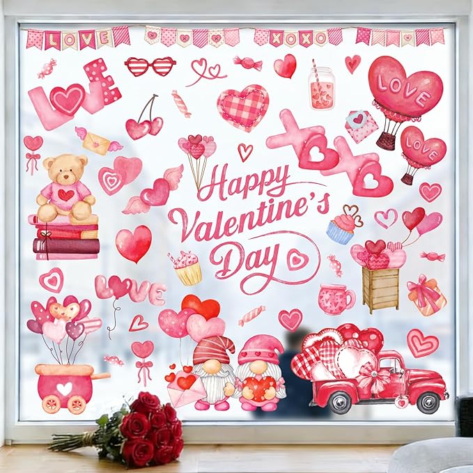 GULWAT 123 PCS Valentines Day Window Clings Decorations, 9 Sheets Red Pink Heart Happy Valentines Window Decals for Home O...