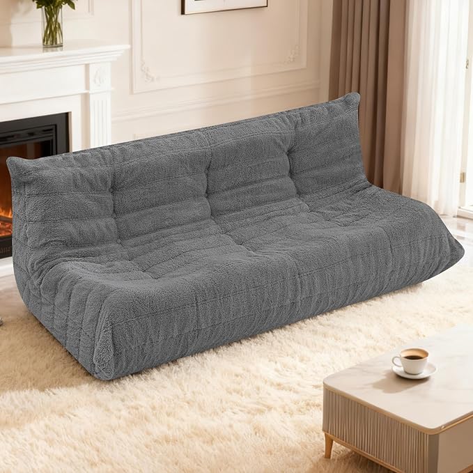 HABUTWAY Bean Bag Chairs Fireside Lazy Floor Sofa, Soft Teddy Fleece 3 Seater Sofa with High-Resilience Foam Filling，Beanbag for Living Room, Bedroom, Office (Dark Grey Teddy)