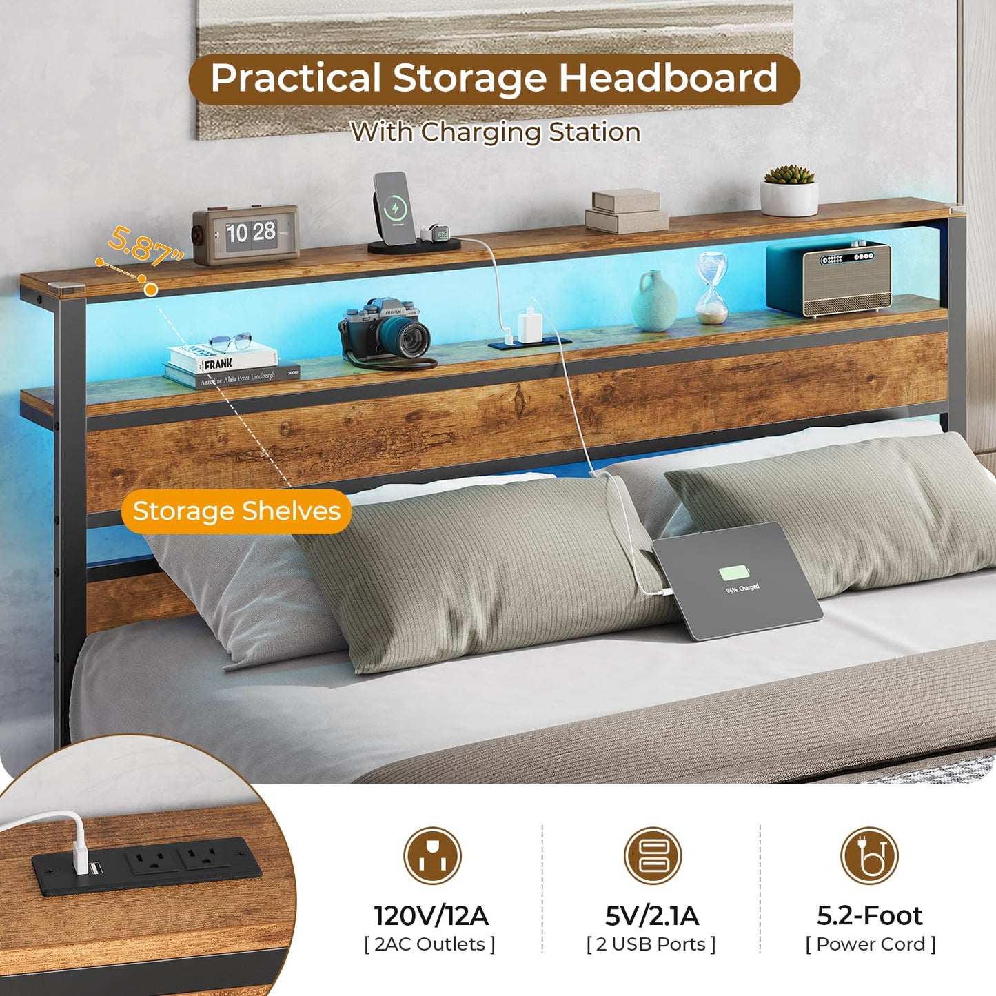 Hasuit Full Bed Frame with Headboard, LED Lights and Charging Station, Metal Platform Bed Full Size with Heavy Duty Slats, Under Bed Storage, Fast Assembly, No Box Spring Needed, Noise Free