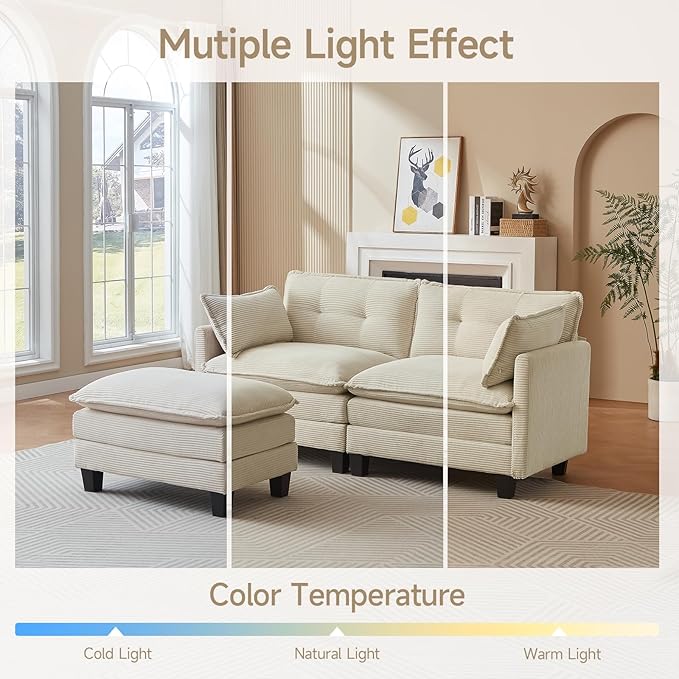 Amsleekey Modular Sectional Sofa, 76.5" L-Shaped Corduroy Comfy Sectional Couches for Living Room, 2-Seater Cloud Couches with 1 Movable Ottoman, Flexible Combination Modern Deep Seat Sofa (Beige)