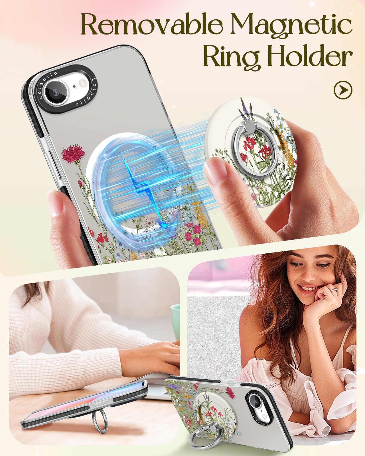 Lotadilo Cute Case For Iphone 16E For Women Girls - Funny Wild Floral Design Compatible With Magsafe Magnetic Ring Holder Kickst