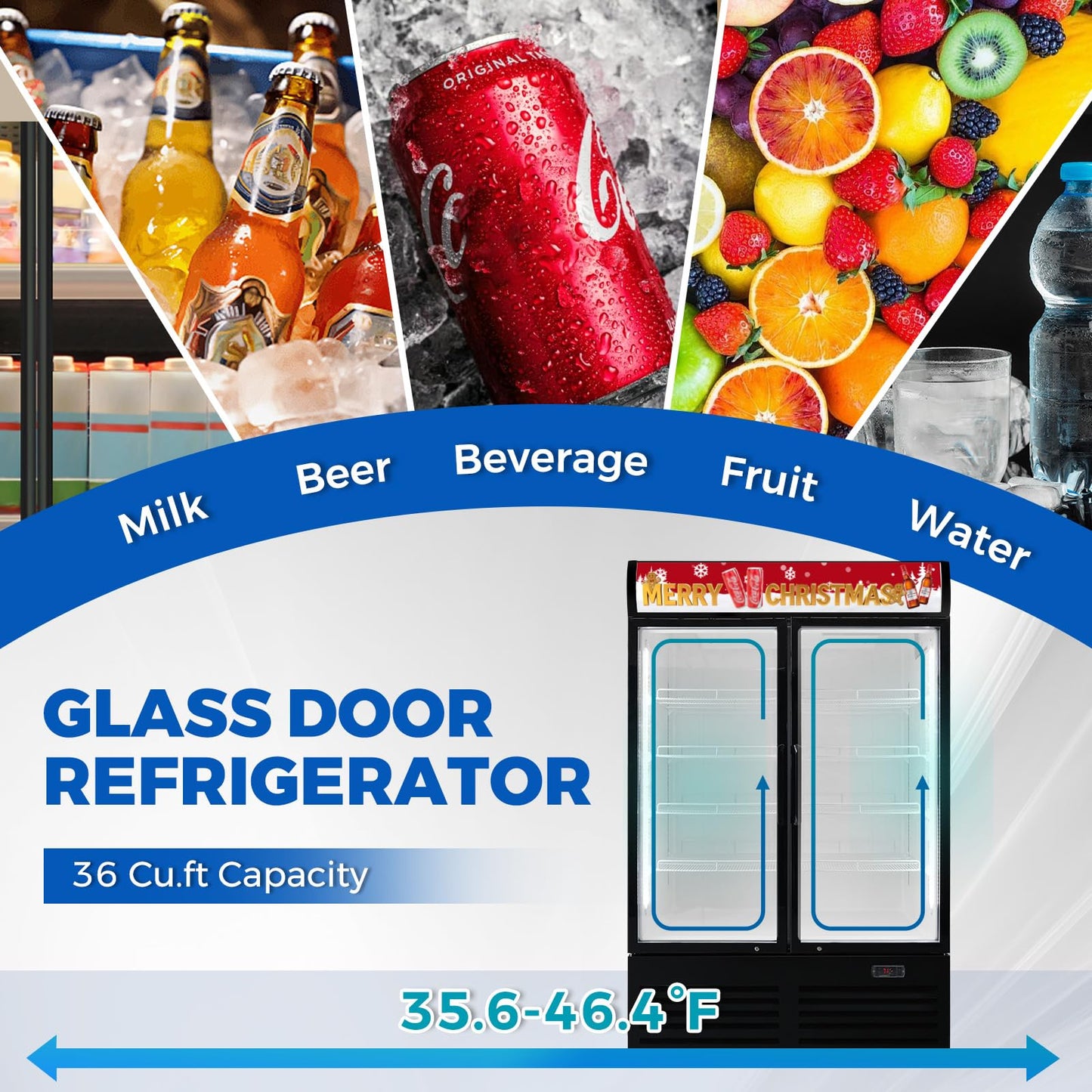 Bluelinecool 36 cu.ft Commercial Refrigerators with 2 Glass Door, Beverage Fridge with LED Light Display Upright Merchandiser, Drink Cooler with 8 Adjustable Shelves Black ETL Approved