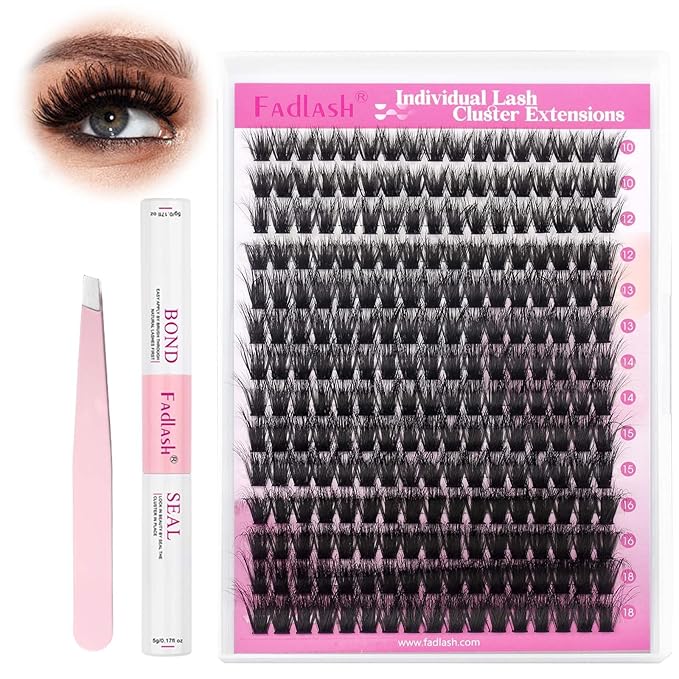 FADLASH Lash Extension Kit 80D Lash Clusters D Curl DIY Eyelash Extension Kit with Lash Bond and Seal Lash Applicator 3D Effect Lash Cluster Kit fluffy (80D Kit, Mix 10-18mm)
