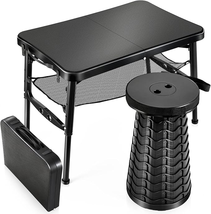 KPR Retractable Small Folding Table and Stool Set, Portable Camping Foldable Table Lightweight Yet More Sturdy with Adjust...