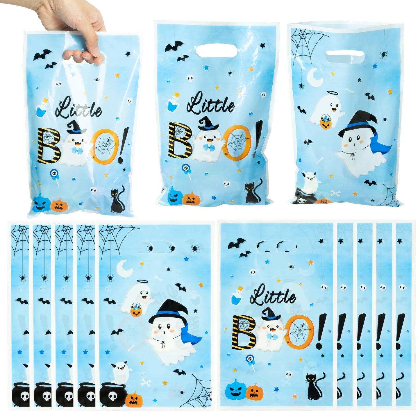 Haooryx Bule Little Boo Favor Bags - 50Pcs Halloween Little Ghost Plastic Gift Bag Birthday Party Gift Warp Goodie Candy Treat Bags for Halloween Party Kids Boy Birthday Baby Shower Party Favor Supply