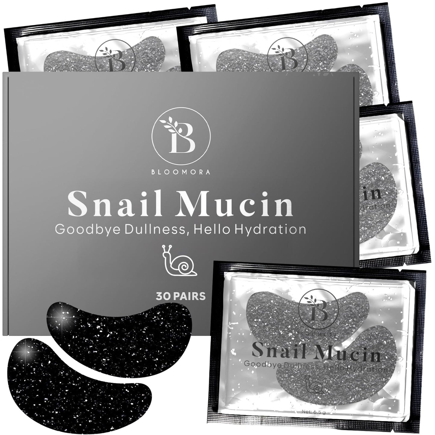 BLOOMORA Snail Mucin Under Eye Patches (30 PAIRS), For Puffy Eyes and Dark Circles, Under Eye Mask with Hyaluronic Acid & Hydrol