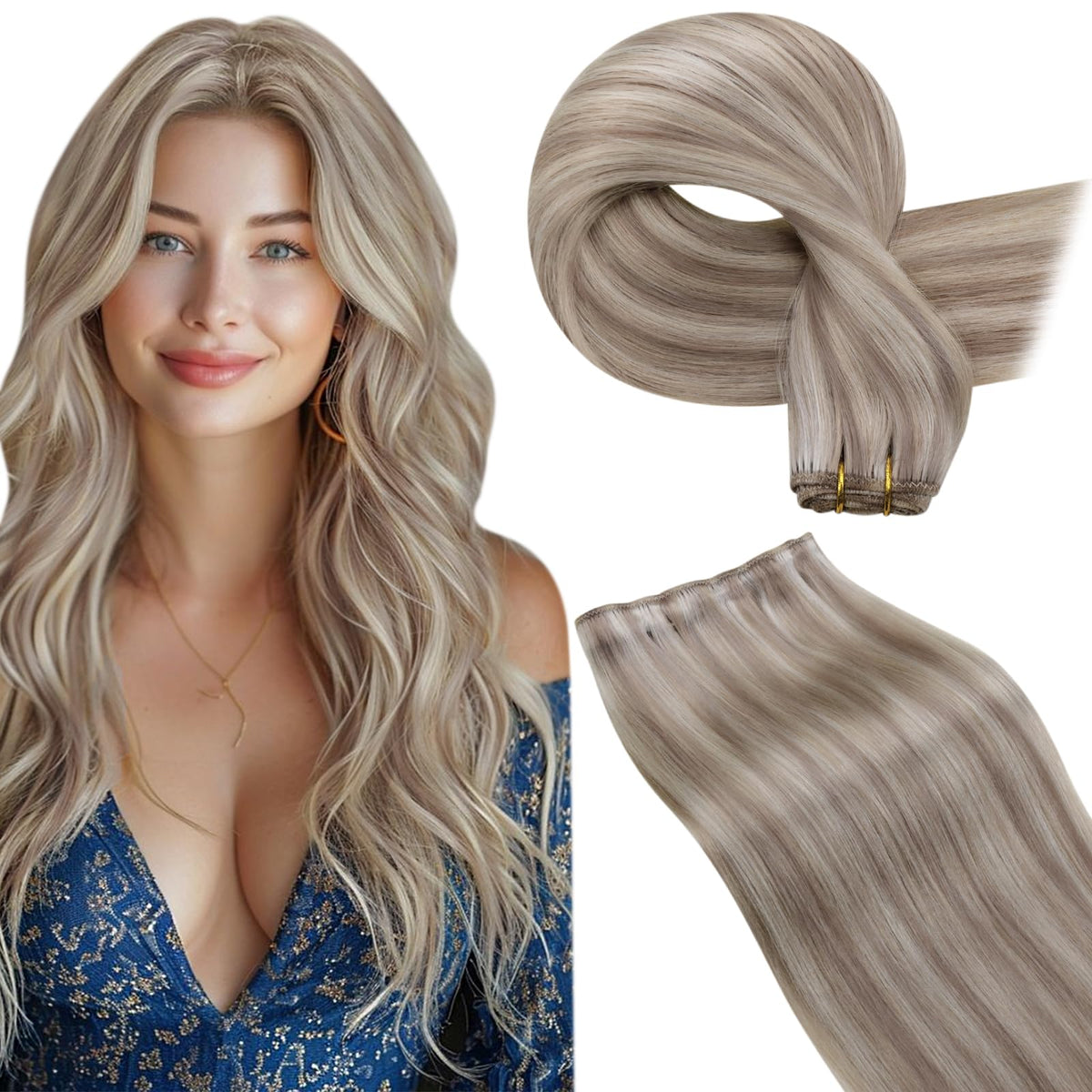 LaaVoo Sew in Hair Extensions Real Human Hair Weft Blonde Hair Extensions Weft Ash Blonde Highlighted with Bleach Blonde Hair We