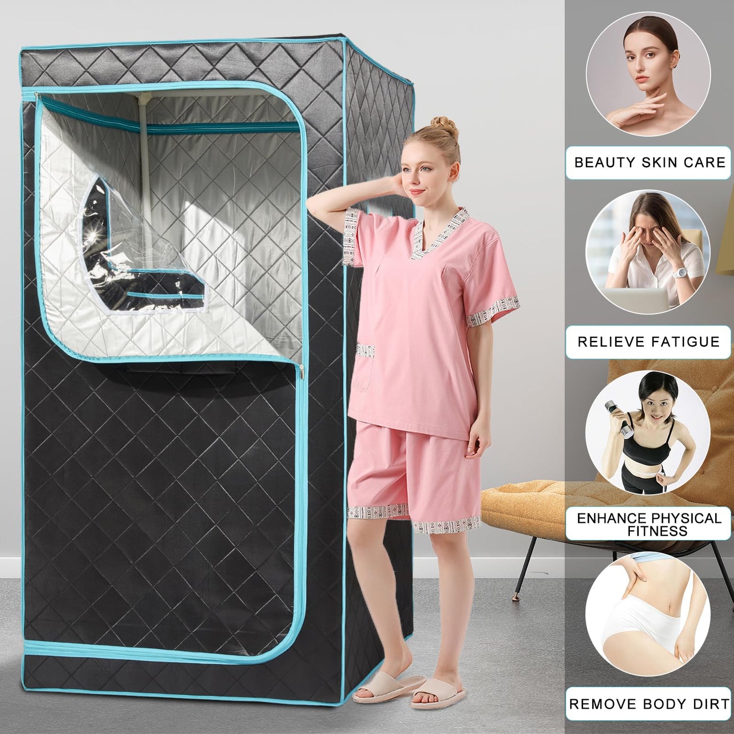 AURGOD Portable Infrared Sauna for 1 Person, Full Size Home Sauna Box with Premium Dry Heating, Remote Temperature Control, Heated Foot Pad & Reinforced Folding Chair