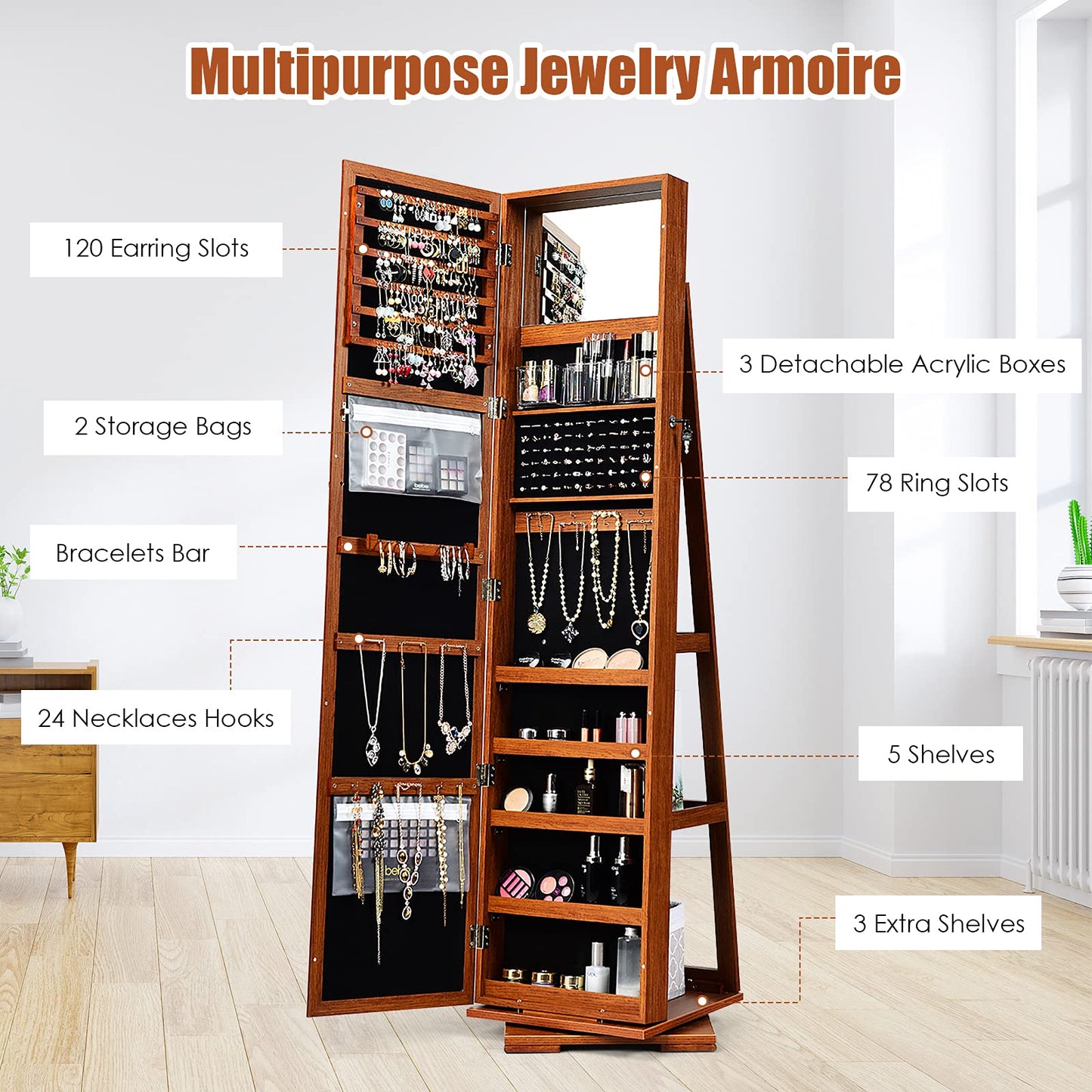 squareful OFFICEJOY 360°Rotating Jewelry Armoire w/Full Length Mirror, Inside Makeup Mirror, Lockable Standing Jewelry Cabinet, Mirrored Jewelry Cabinet Organizer for Rings Earrings Cosmetic (Brown)