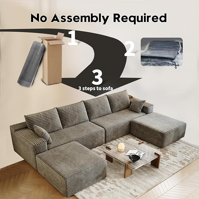 139.4" Modular Sectional Sofa, U-Shaped Minimalist Couches with 2 Ottomans Chaise, Modern Deep Seat Convertible Sleeper Sofa Bed,Cloud Plush Corduroy Fabric, No Assembly Required, 6 Seater, Camel