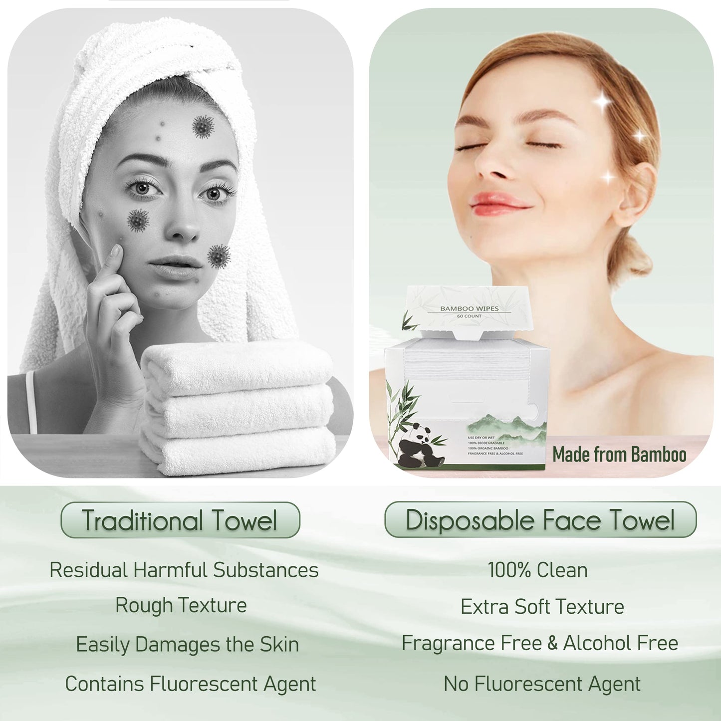 WOWOTEX Bamboo Viscose Disposable Face Towel Biodegradable Large Dry Face Wipes 60 Count Extra Thick Soft Clean Facial Towels fo