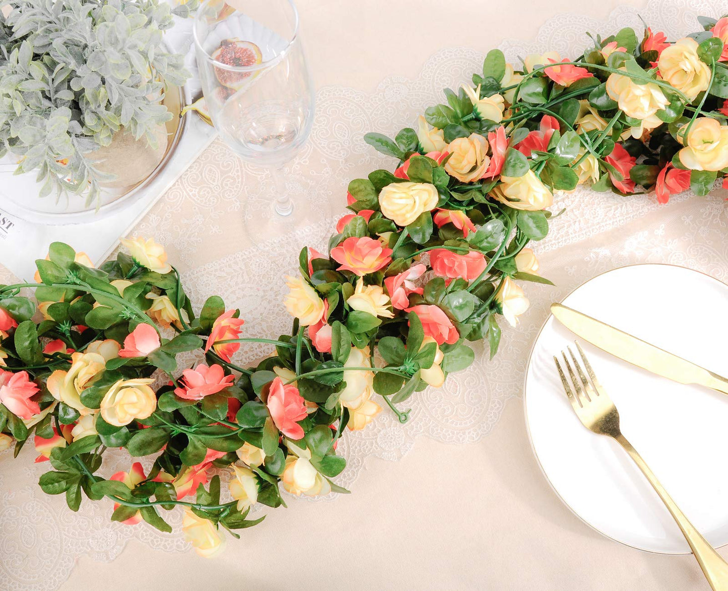 Miracliy 8Pcs 66FT Flower Garland, Orange and Champagne Artificial Rose Floral Vines Fake Hanging Spring Flower Garland for Wall Backdrop Wedding Arch Tea Party Door Mantle Decoration
