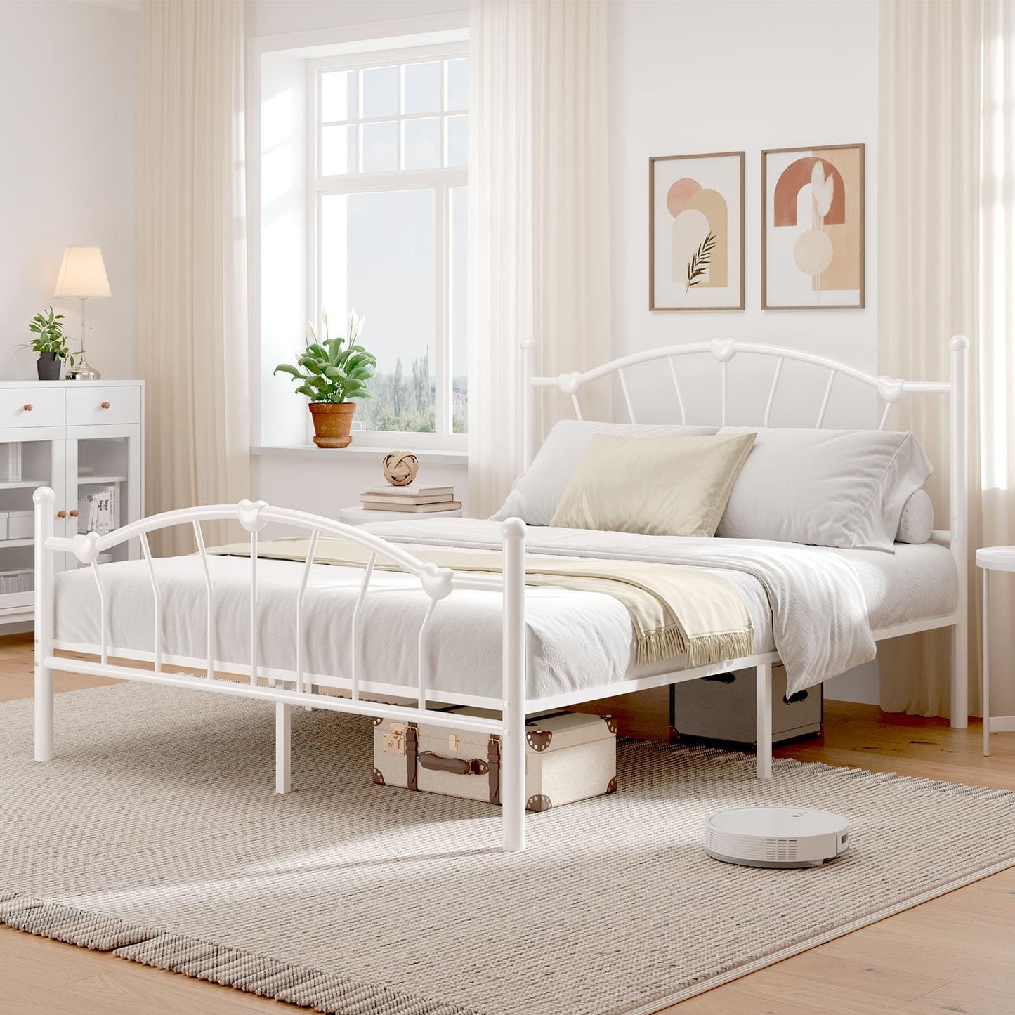 Metal Bed Frame Full Size, Full Bed Frame with Headboard, Heart-Shaped Decorative Headboard and Footboard, Heavy Duty Metal Slat Support, No Box Spring Needed, Noise-Free, Easy Assembly, White