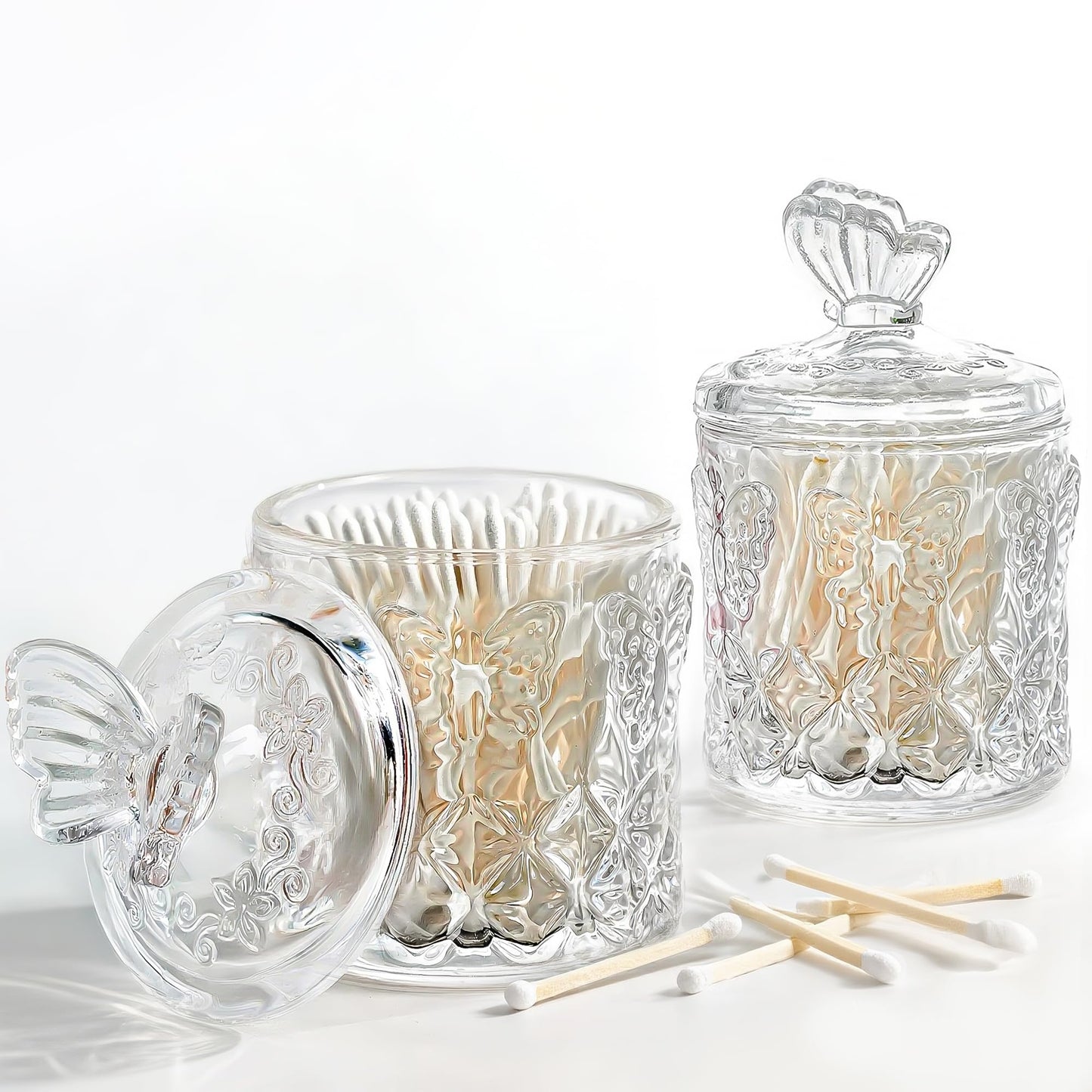 kanpura Qtip Holder Glass Apothecary Jars with Lid for Bathroom Decor Makeup Storage Canister for Cotton Swabs, Balls, Pads, Floss Picks, Candy, Jewelry, 7 OZ, 2 Pack, Clear