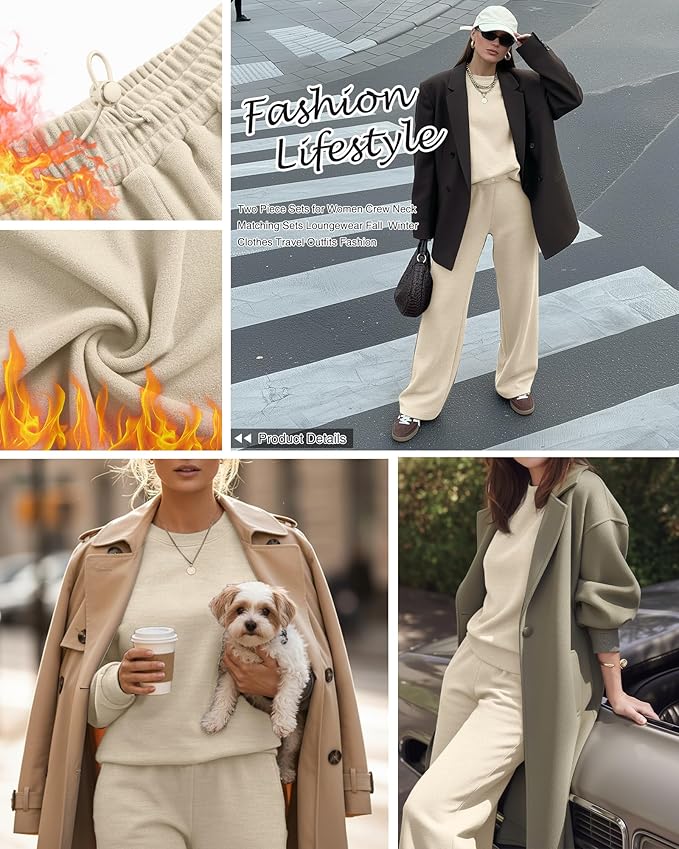 Sweetyweee Women's 2 Piece Outfits Set Fleece Lined Lounge Sweatsuit Crewneck Pullover Top Wide Leg Pants Casual Tracksuit