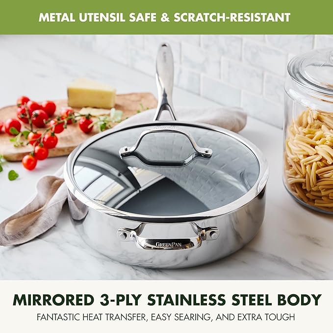 GreenPan Valencia Pro Tri-Ply Stainless Steel 5QT Sauté Pan with Lid, Ceramic Nonstick PFAS-Free Coating, Multi Clad Cookware, Induction, Dishwasher Oven and Broiler Safe